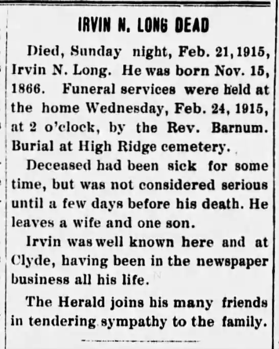 Irvin Long Obit Stanberry Herald Feb. 25, 1915